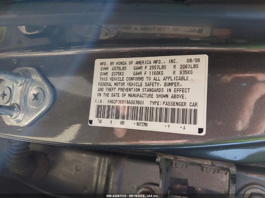 2009 Honda Accord 3.5 Ex-L VIN: 1HGCP36819A007801 Lot: 43267310