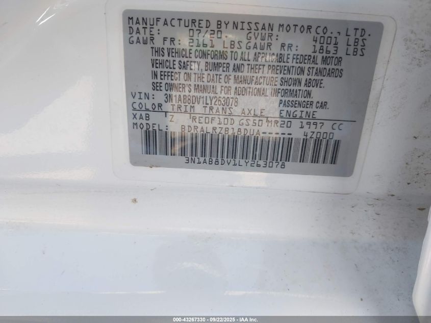 2020 Nissan Sentra Sr Xtronic Cvt VIN: 3N1AB8DV1LY263078 Lot: 43267330