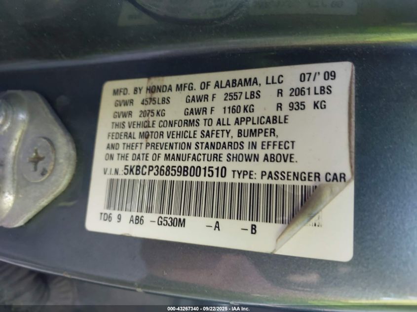 2009 Honda Accord 3.5 Ex-L VIN: 5KBCP36859B001510 Lot: 43267340