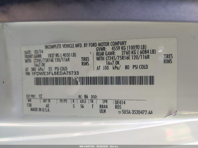 2014 Ford E-350 Cutaway VIN: 1FDWE3FL6EDA75733 Lot: 43267358