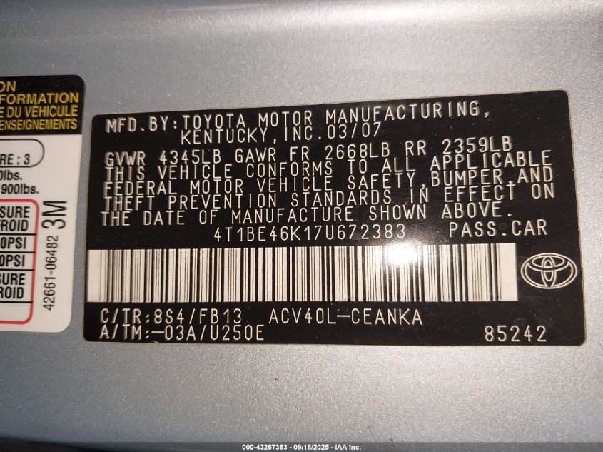 2007 Toyota Camry Le VIN: 4T1BE46K17U672383 Lot: 43267363