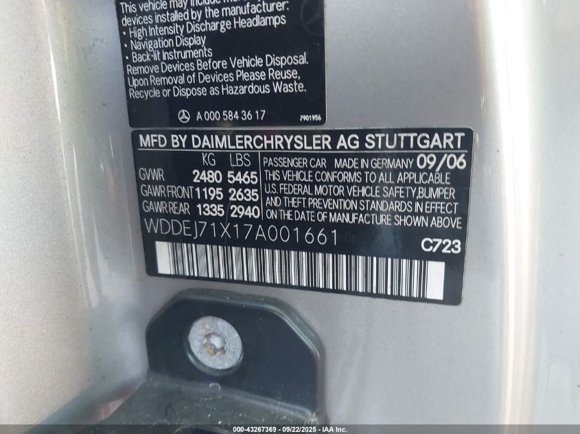 2007 Mercedes-Benz Cl 550 VIN: WDDEJ71X17A001661 Lot: 43267369