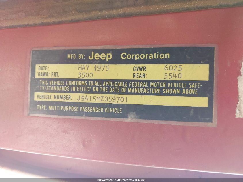 1975 Jeep Wagoneer VIN: J5A15MZ059701 Lot: 43267367