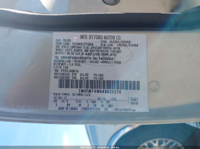 2004 Mercury Grand Marquis Gs VIN: 2MEFM74W64X625210 Lot: 43267372