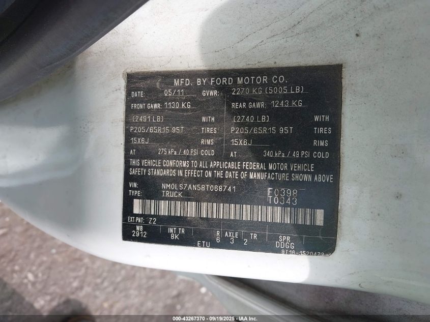 2011 Ford Transit Connect Xl VIN: NM0LS7AN5BT068741 Lot: 43267370