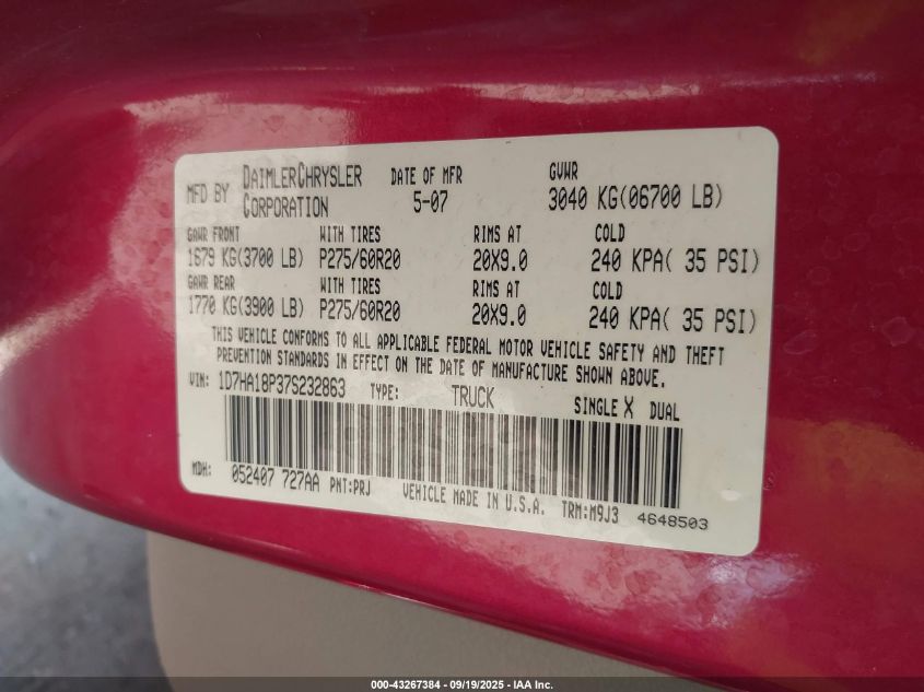 2007 Dodge Ram 1500 Slt VIN: 1D7HA18P37S232863 Lot: 43267384