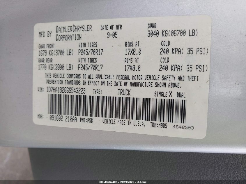 2006 Dodge Ram 1500 Slt VIN: 1D7HA18266S543223 Lot: 43267403