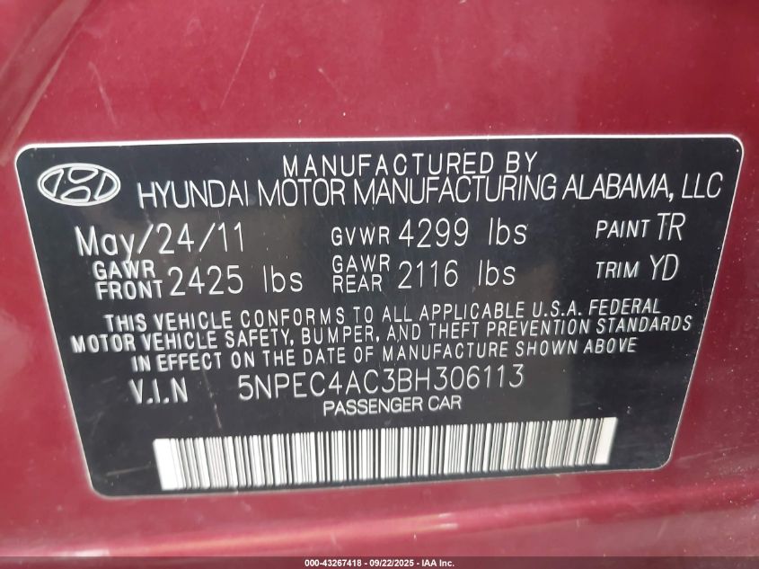 2011 Hyundai Sonata Limited VIN: 5NPEC4AC3BH306113 Lot: 43267418