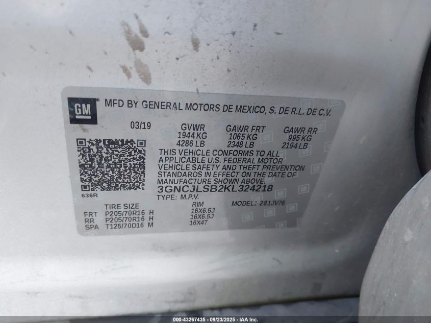 2019 Chevrolet Trax Lt VIN: 3GNCJLSB2KL324218 Lot: 43267435