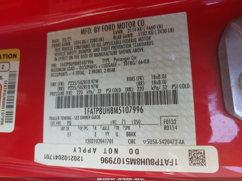 2021 FORD MUSTANG ECOBOOST PREMIUM - 1FATP8UH8M5107996