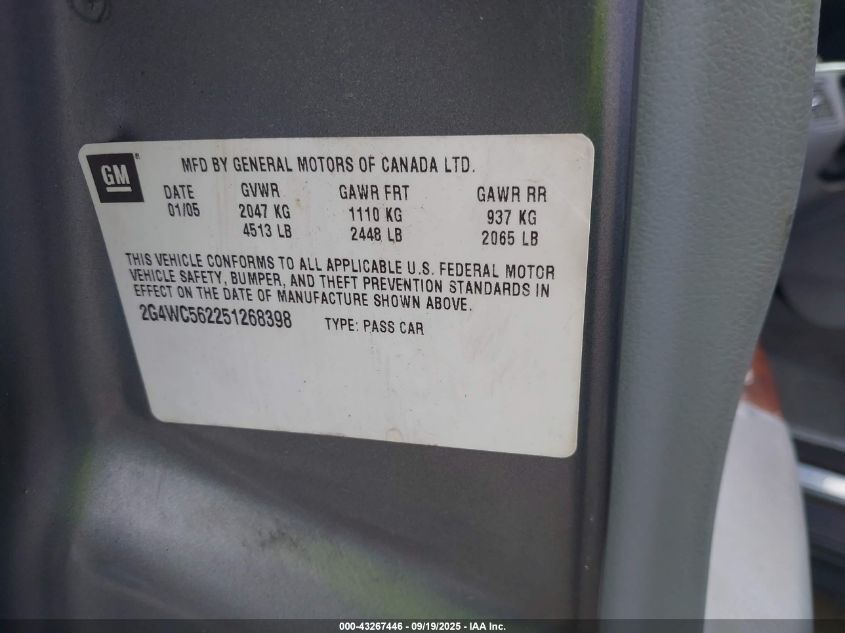 2005 Buick Lacrosse Cx VIN: 2G4WC562251268398 Lot: 43267446