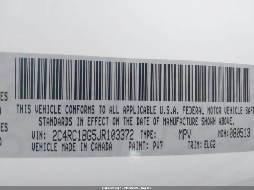 2018 Chrysler Pacifica Touring L VIN: 2C4RC1BG5JR103372 Lot: 43267447