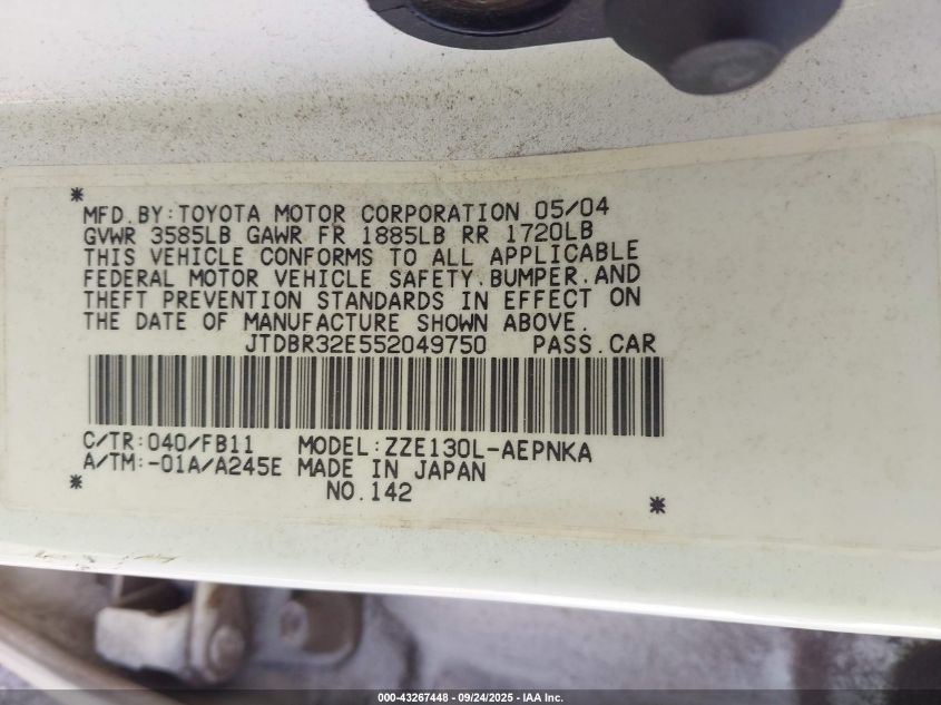 2005 Toyota Corolla Le VIN: JTDBR32E552049750 Lot: 43267448