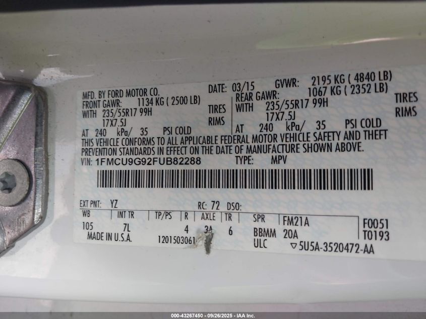 2015 Ford Escape Se VIN: 1FMCU9G92FUB82288 Lot: 43267450