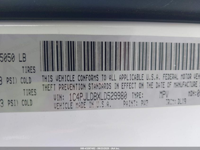 2020 Jeep Cherokee Limited Fwd VIN: 1C4PJLDBXLD529980 Lot: 43267452