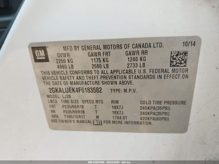 2015 GMC Terrain Denali VIN: 2GKALUEK4F6183582 Lot: 43267469