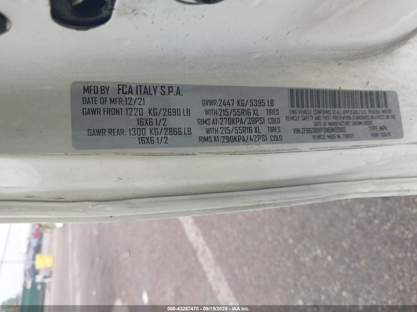 2022 Ram Promaster City Cargo Van VIN: ZFB636VP3N6W00013 Lot: 43267470