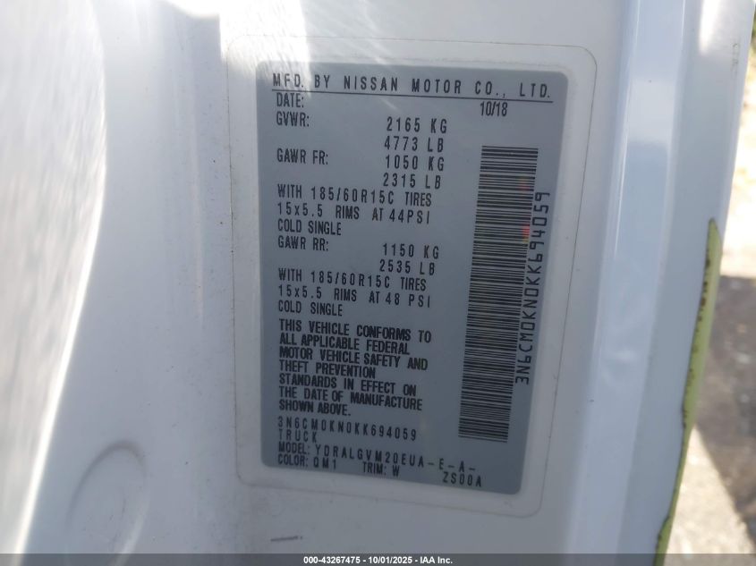 2019 Nissan Nv200 Sv VIN: 3N6CM0KN0KK694059 Lot: 43267475