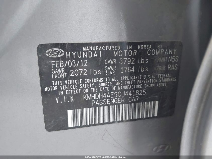 2012 Hyundai Elantra Gls (Ulsan Plant) VIN: KMHDH4AE9CU441825 Lot: 43267476