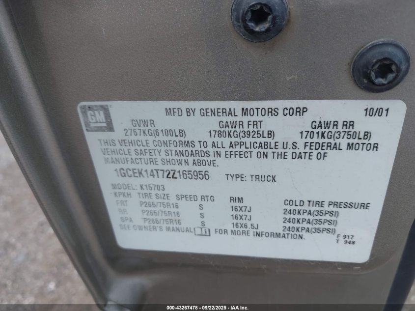 2002 Chevrolet Silverado 1500 Ls VIN: 1GCEK14T72Z165956 Lot: 43267478