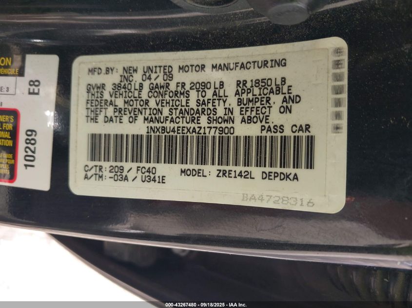 2010 Toyota Corolla Le VIN: 1NXBU4EEXAZ177900 Lot: 43267480