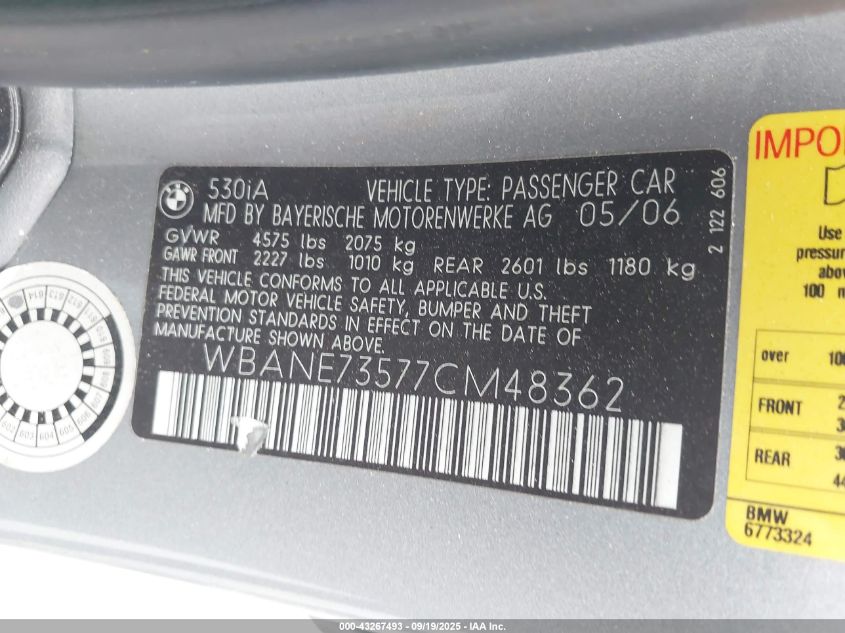 2007 BMW 530I VIN: WBANE73577CM48362 Lot: 43267493