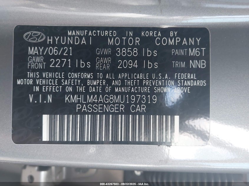 2021 Hyundai Elantra Sel VIN: KMHLM4AG8MU197319 Lot: 43267503