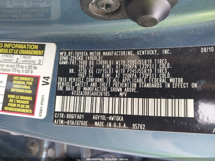 2010 Toyota Venza VIN: 4T3ZA3BB5AU036185 Lot: 43267509