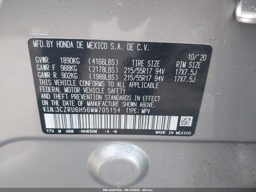 2021 Honda Hr-V Awd Ex VIN: 3CZRU6H56MM705154 Lot: 43267532