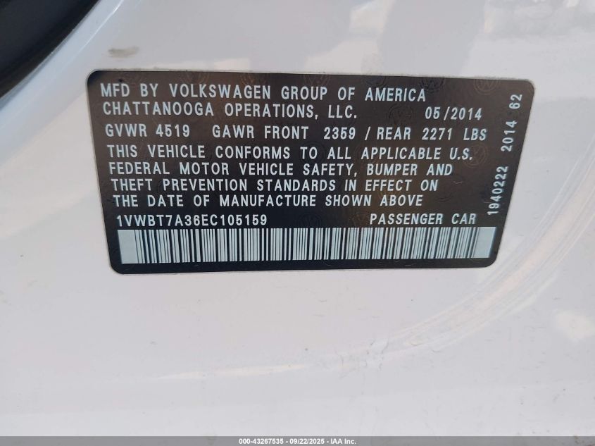 2014 Volkswagen Passat 1.8T Se VIN: 1VWBT7A36EC105159 Lot: 43267535