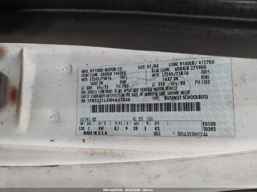 2004 Ford E-350 Super Duty Xl/Xlt VIN: 1FBSS31L44HA43846 Lot: 43267539