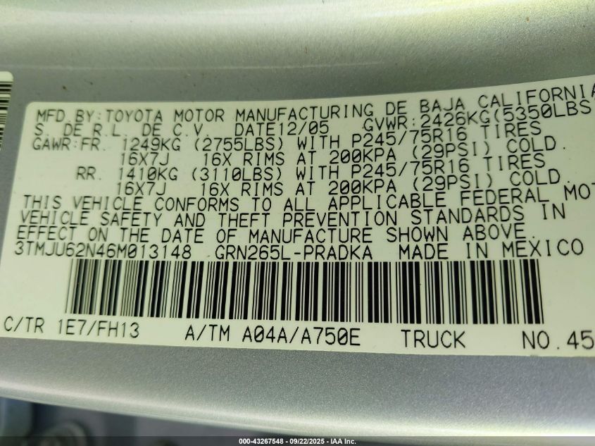 2006 Toyota Tacoma Prerunner V6 VIN: 3TMJU62N46M013148 Lot: 43267548