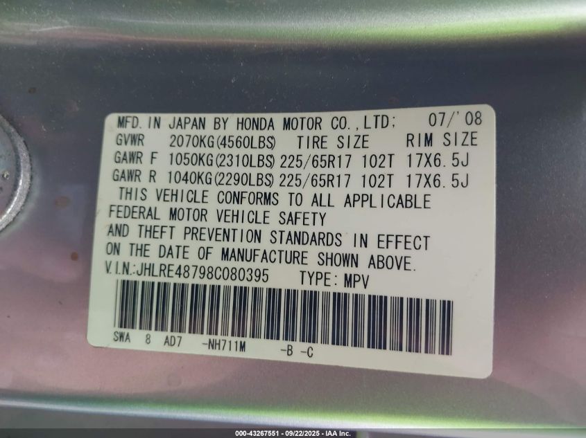2008 Honda Cr-V Ex-L VIN: JHLRE48798C080395 Lot: 43267551