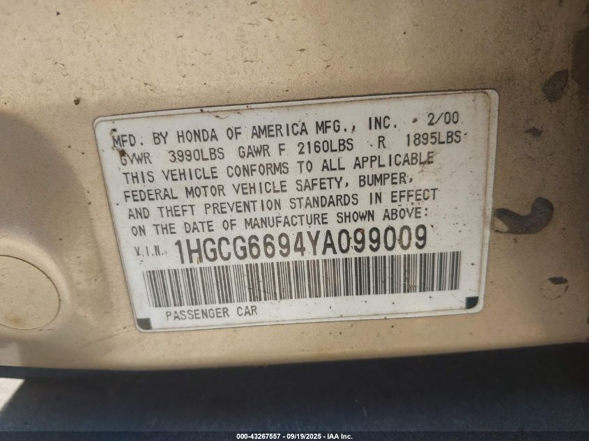 2000 Honda Accord 2.3 Se VIN: 1HGCG6694YA099009 Lot: 43267557