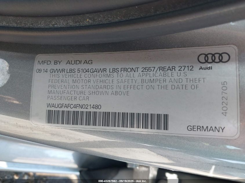 2015 Audi A6 2.0T Premium VIN: WAUGFAFC4FN021480 Lot: 43267562