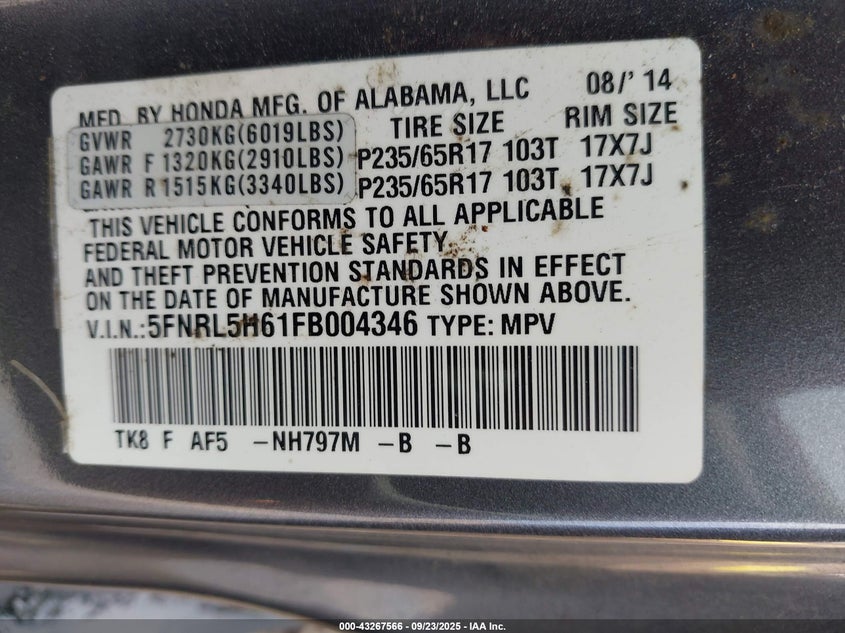 2015 HONDA ODYSSEY EX-L 5FNRL5H61FB004346