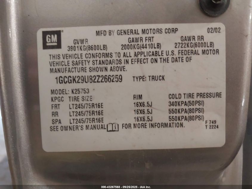 2002 Chevrolet Silverado 2500 Ls VIN: 1GCGK29U82Z266259 Lot: 43267568