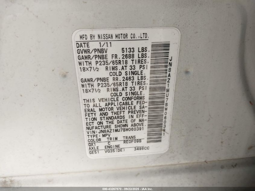 2011 Nissan Murano Sl VIN: JN8AZ1MU7BW060391 Lot: 43267570