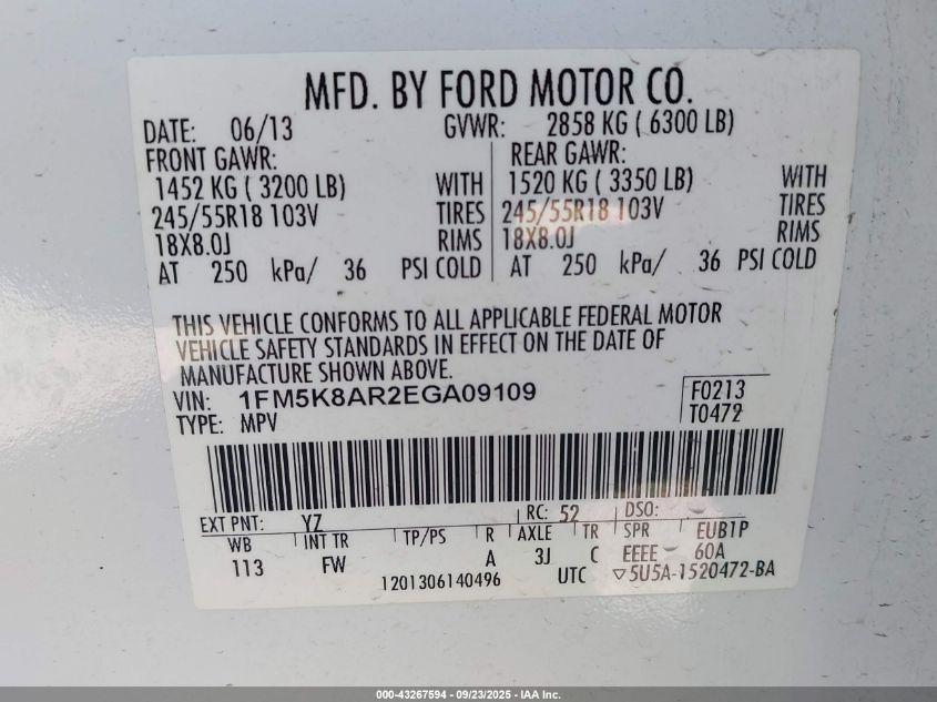 2014 Ford Police Interceptor VIN: 1FM5K8AR2EGA09109 Lot: 43267594