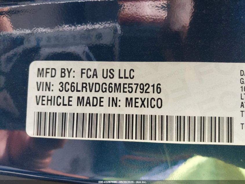 2021 Ram Promaster 2500 High Roof 159 Wb VIN: 3C6LRVDG6ME579216 Lot: 43267596