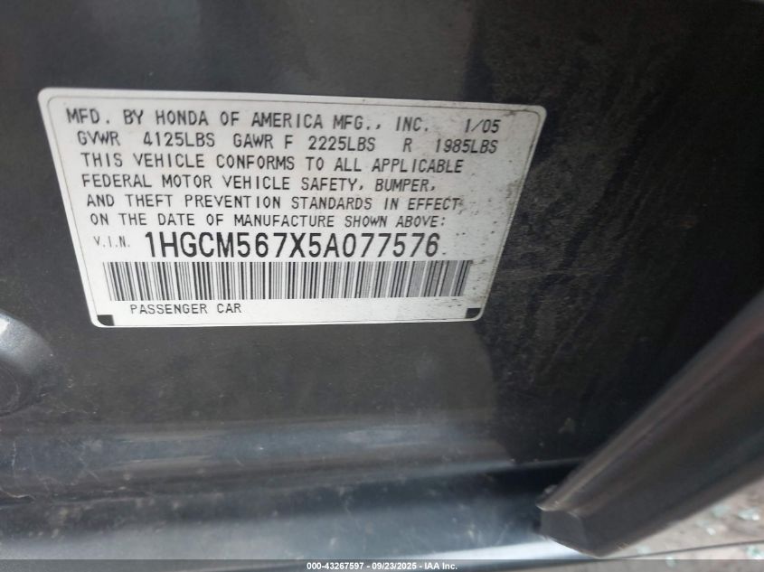 2005 Honda Accord 2.4 Ex VIN: 1HGCM567X5A077576 Lot: 43267597