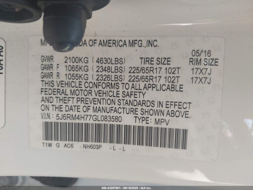 2016 Honda Cr-V Ex-L VIN: 5J6RM4H77GL083580 Lot: 43267601