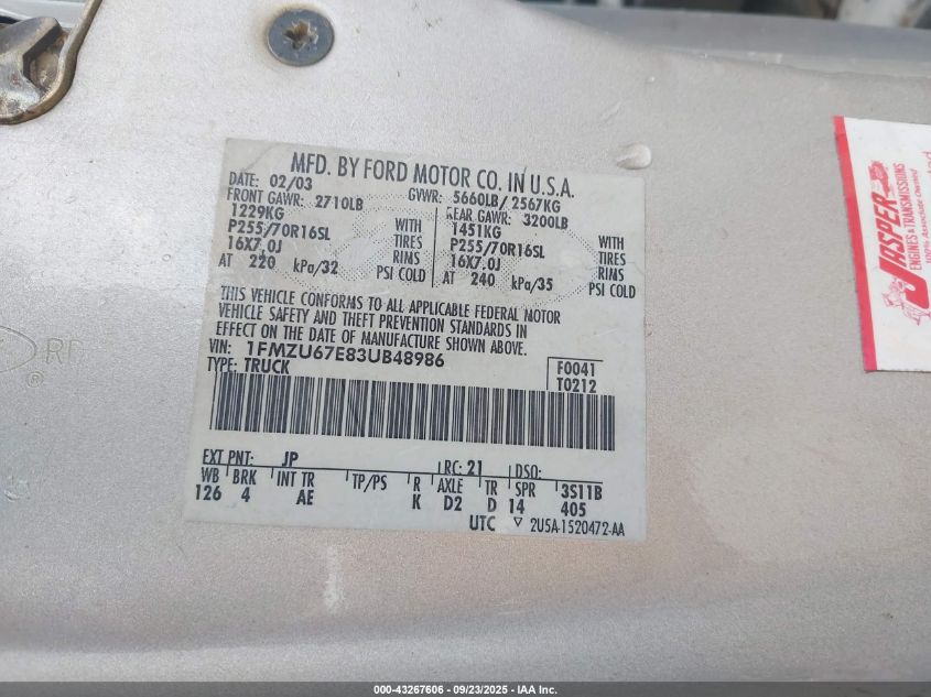 2003 Ford Explorer Sport Trac Xls/Xlt VIN: 1FMZU67E83UB48986 Lot: 43267606