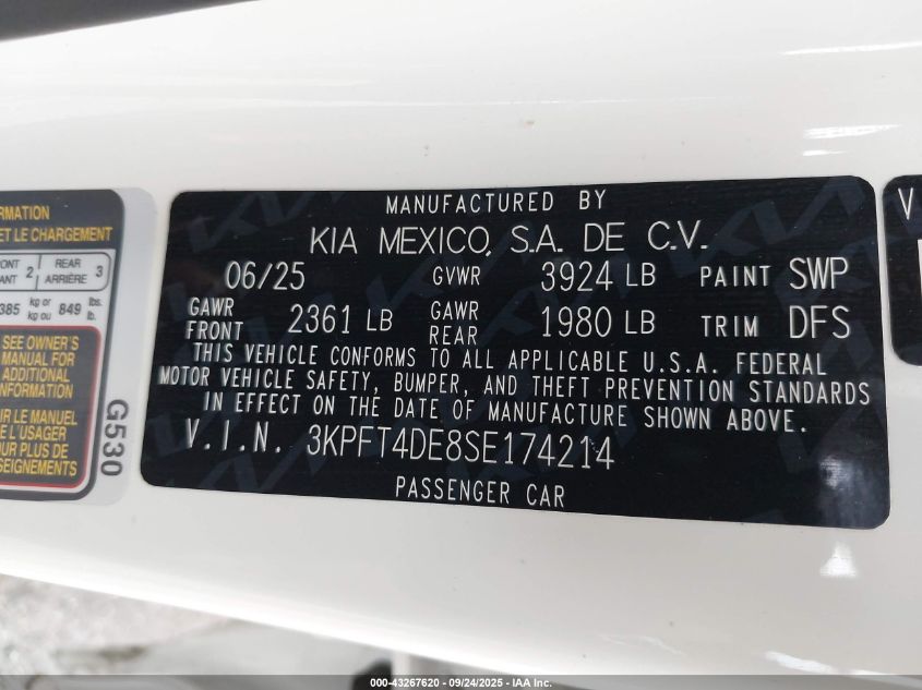 2025 Kia K4 Lx VIN: 3KPFT4DE8SE174214 Lot: 43267620