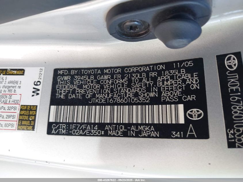 2006 Scion Tc VIN: JTKDE167860105352 Lot: 43267622