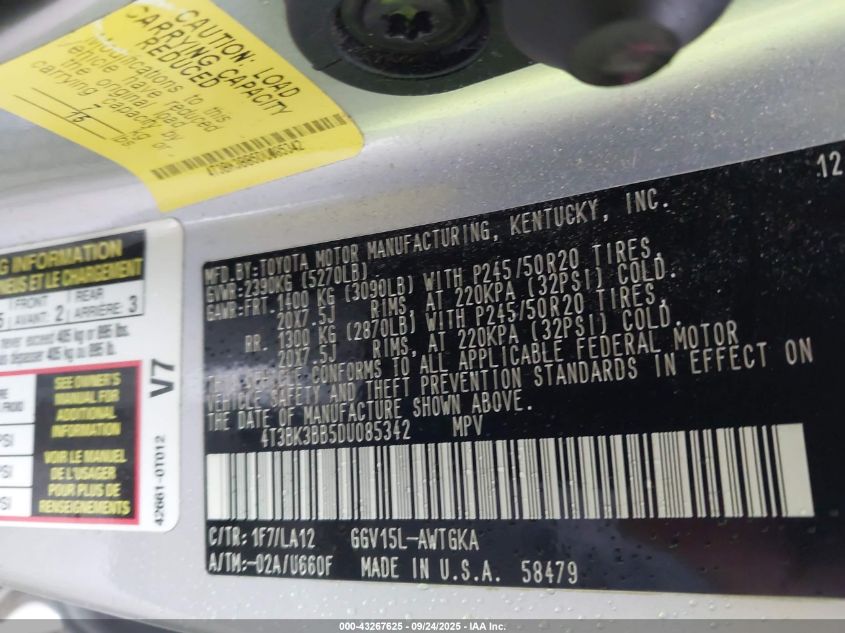 2013 Toyota Venza Limited V6 VIN: 4T3BK3BB5DU085342 Lot: 43267625