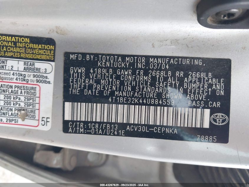 2004 Toyota Camry Le VIN: 4T1BE32K44U884559 Lot: 43267629