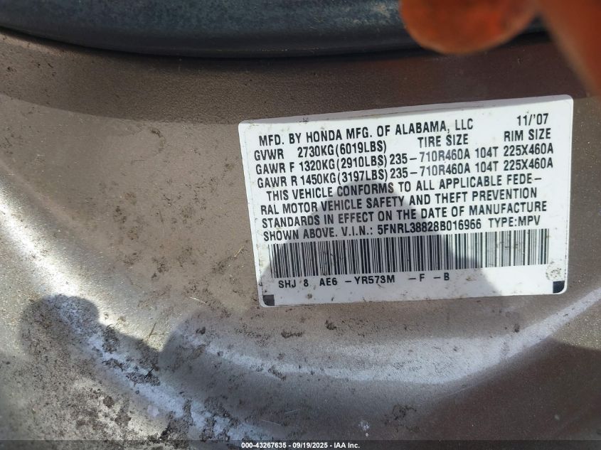 2008 Honda Odyssey Touring VIN: 5FNRL38828B016966 Lot: 43267635