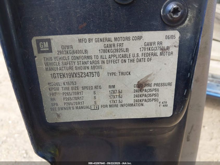2005 GMC Sierra 1500 Work Truck VIN: 1GTEK19VX5Z347570 Lot: 43267640