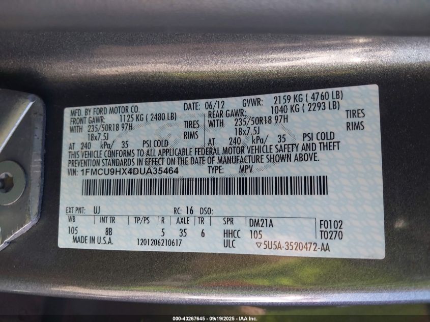 2013 Ford Escape Sel VIN: 1FMCU9HX4DUA35464 Lot: 43267645